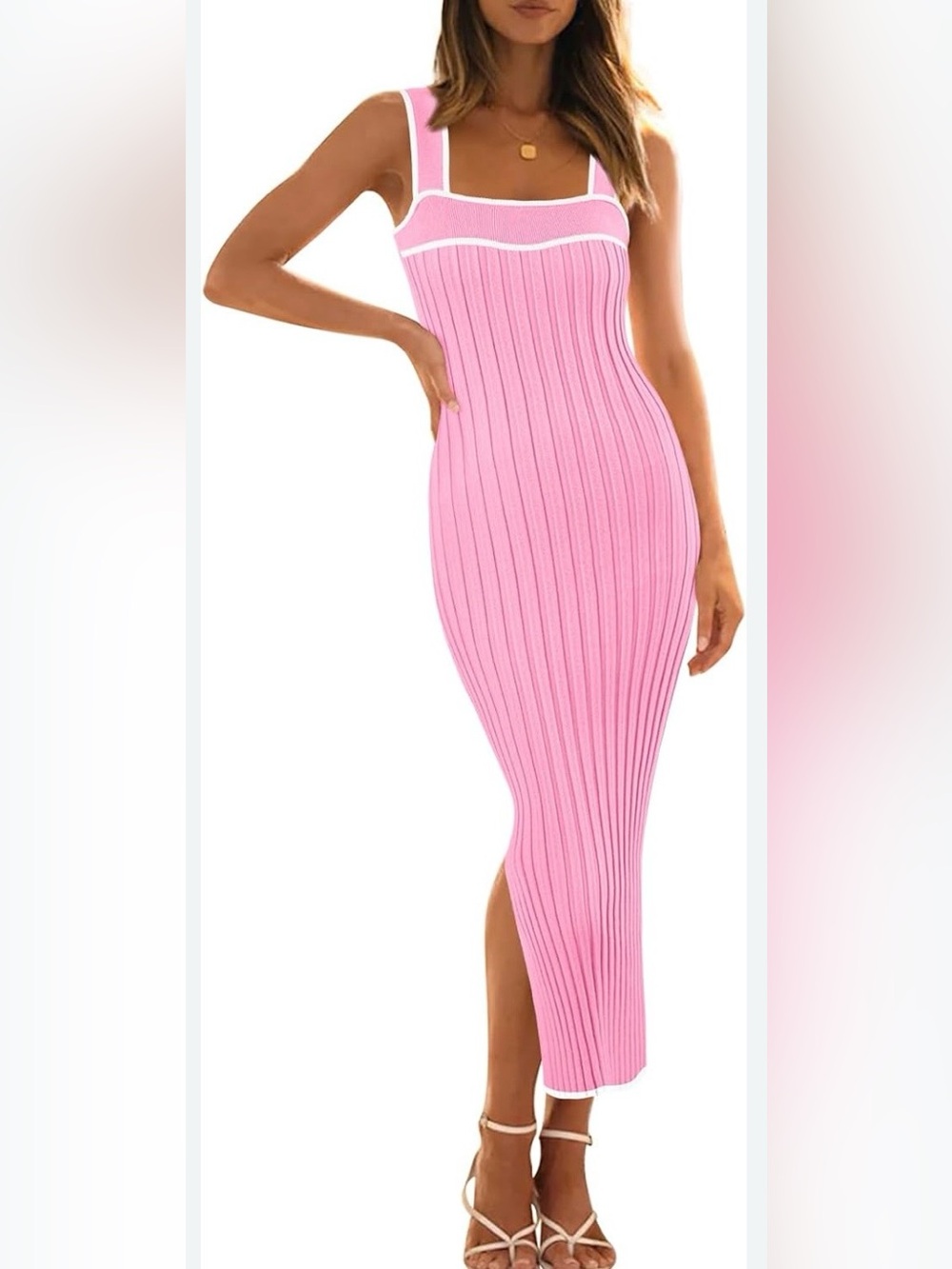 Sleeveless Pink Ribbed Maxi Bodycon Dress